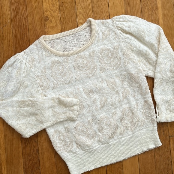 80s Vintage Cream & White Rose Pattern Puff Shoulder Pullover Sweater XS Sm - Picture 4 of 13